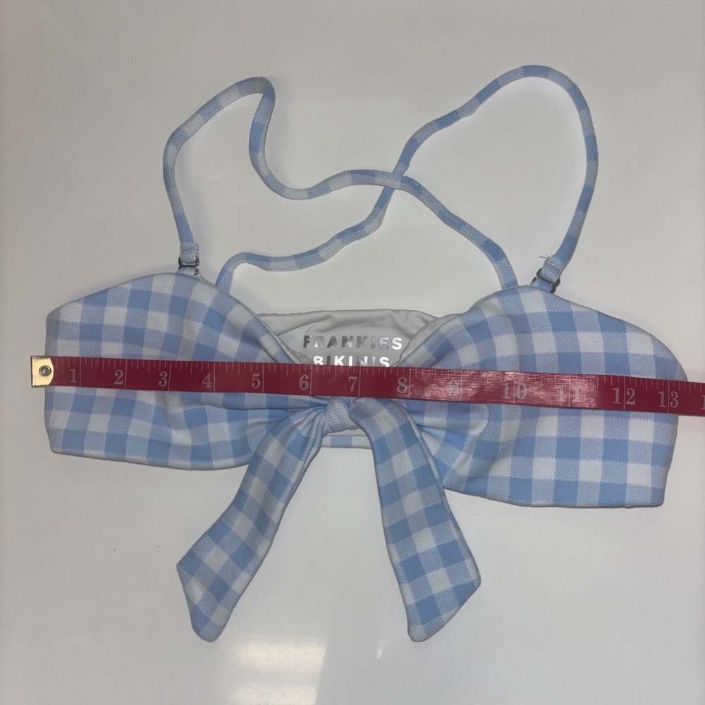 Frankies Bikinis Greer Gingham Bow Front Bikini Top Blue White Medium - Picture 6 of 6